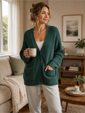 Pact Organic Cotton Cozy Deep Green Button-Up Knit Cardigan Sweater - M